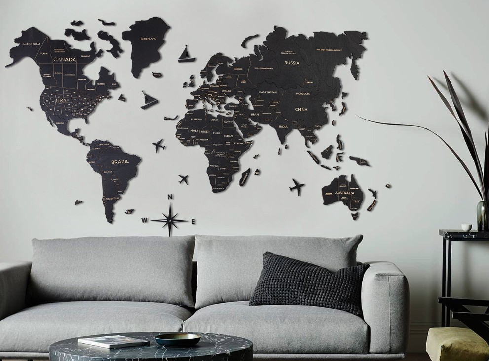 ahşap duvar dünya haritası rengi siyah