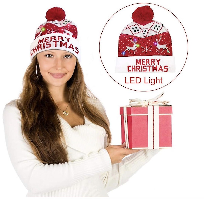 LED ampullü, ponponlu, parlak Noel şapkalı kış şapkası - MERRY CHRISTMAS