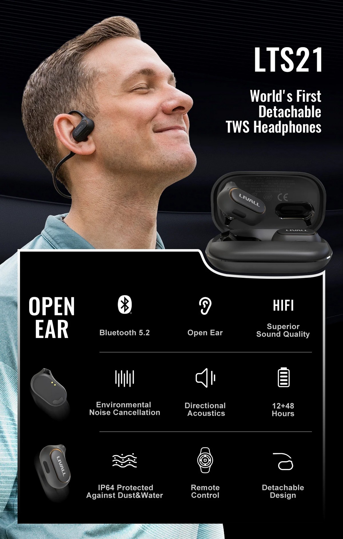 Bluetooth özellikli kablosuz spor kulaklık - çıkarılabilir açık kulak tasarımı