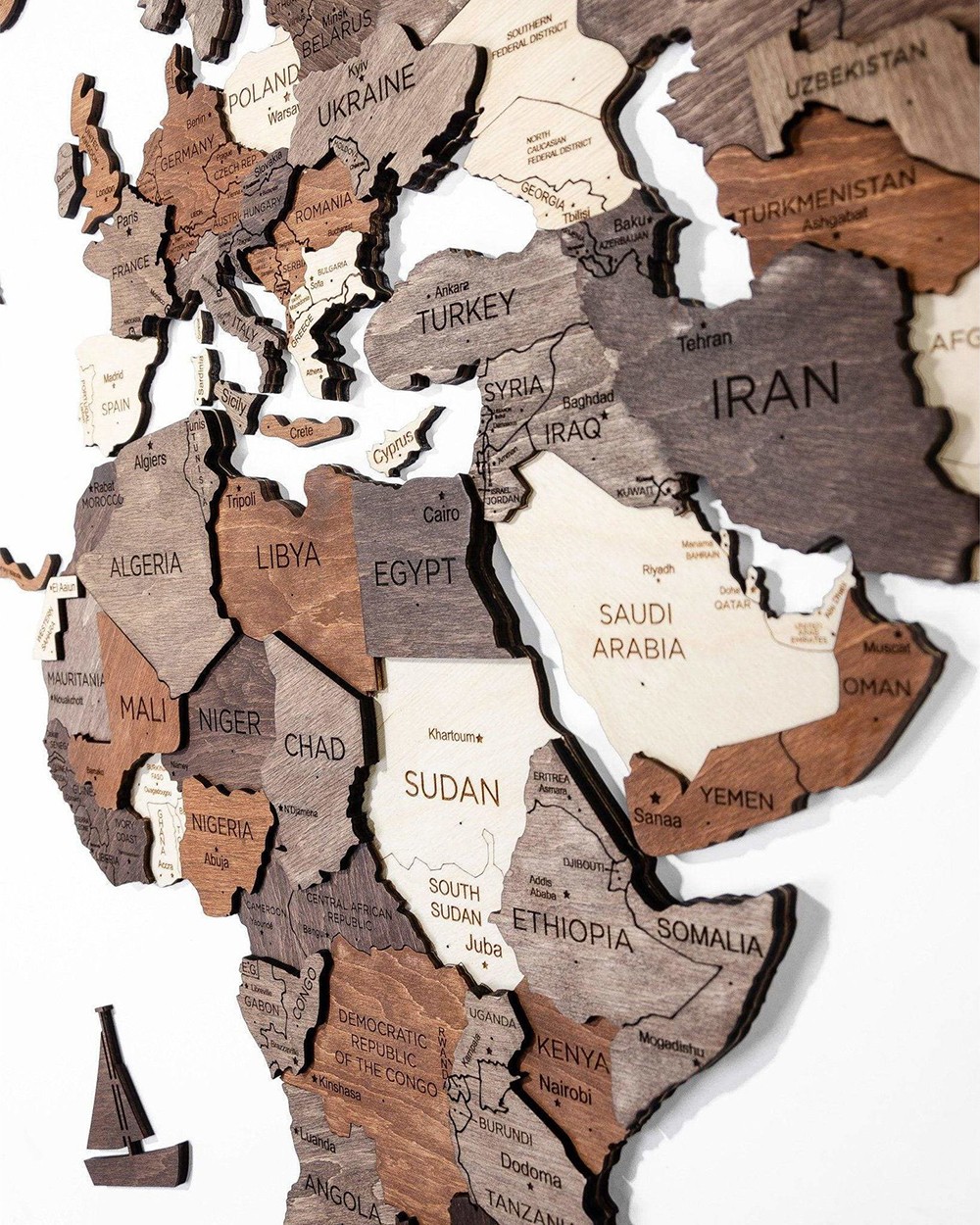 Ülkeler ile 3D duvar wodden haritası