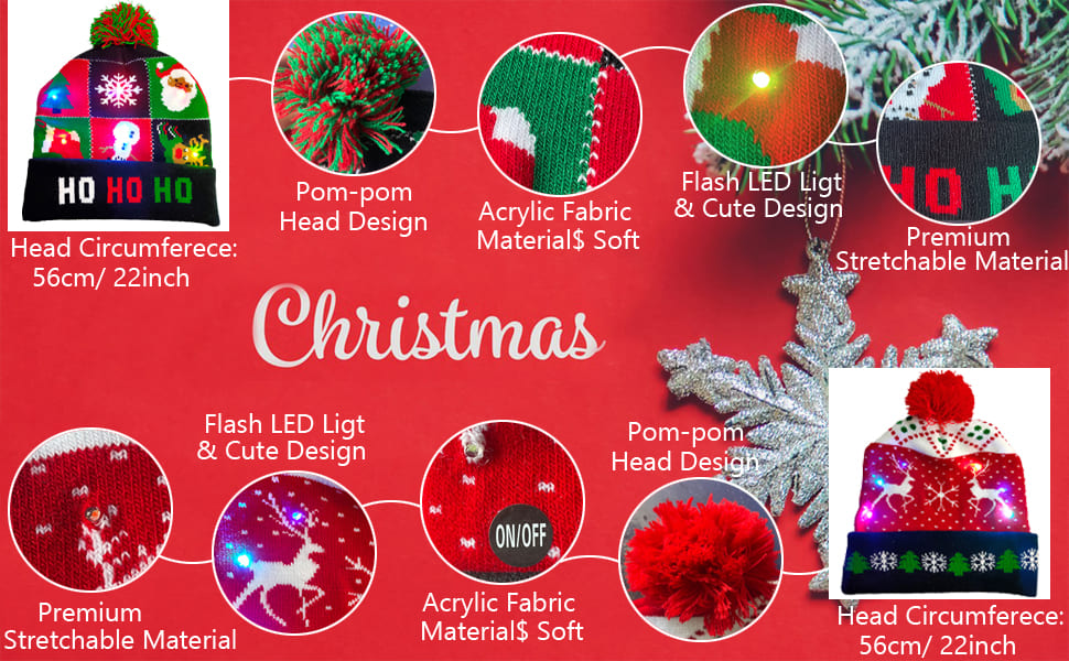 Çeşitli motiflere (tasarımlara) sahip, LED ile aydınlatılan Noel için kış şapkası